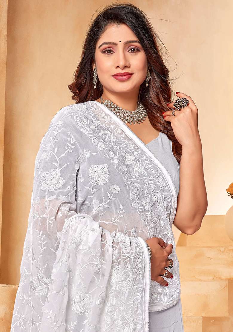 White Embroidery Work Georgette Saree Set for Diwali and Festive Wear - Indya
