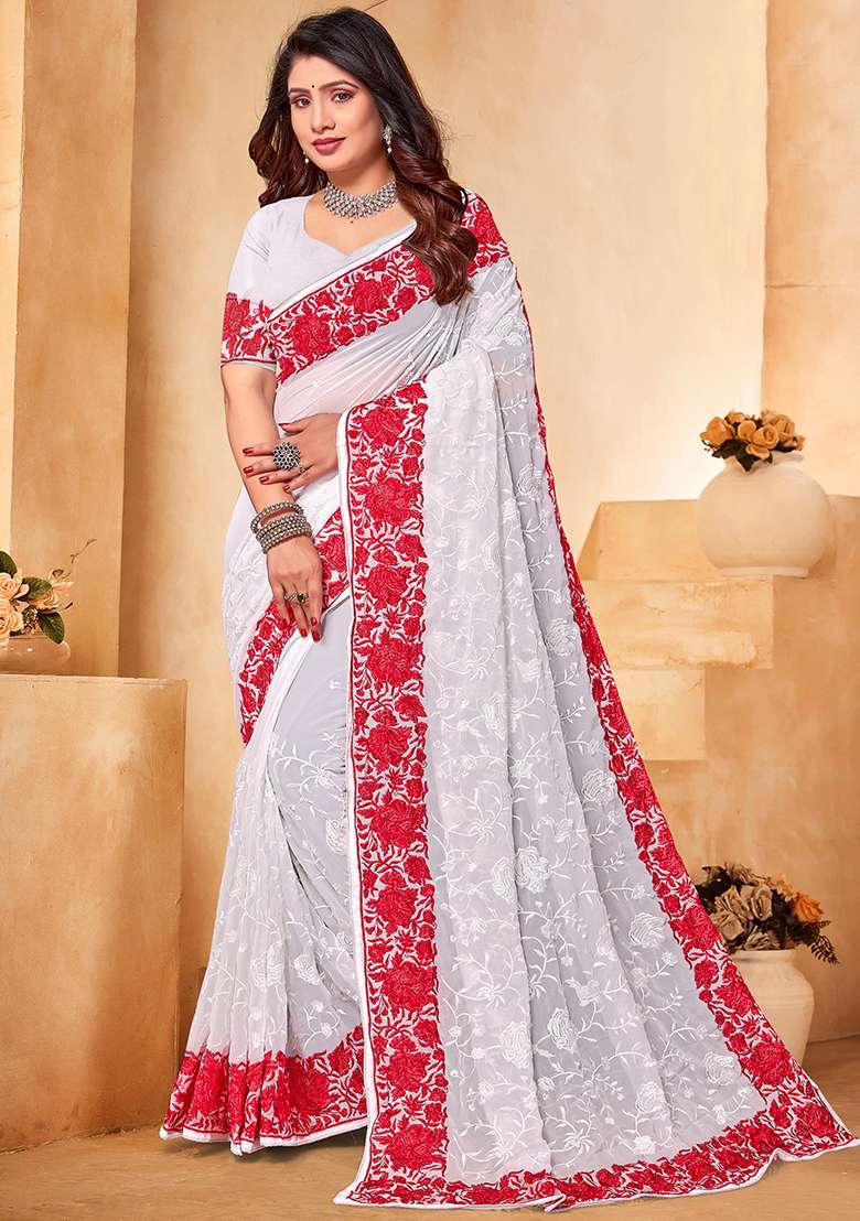 White Red Embroidery Work Georgette Saree Set for Diwali and Festive Wear - Indya