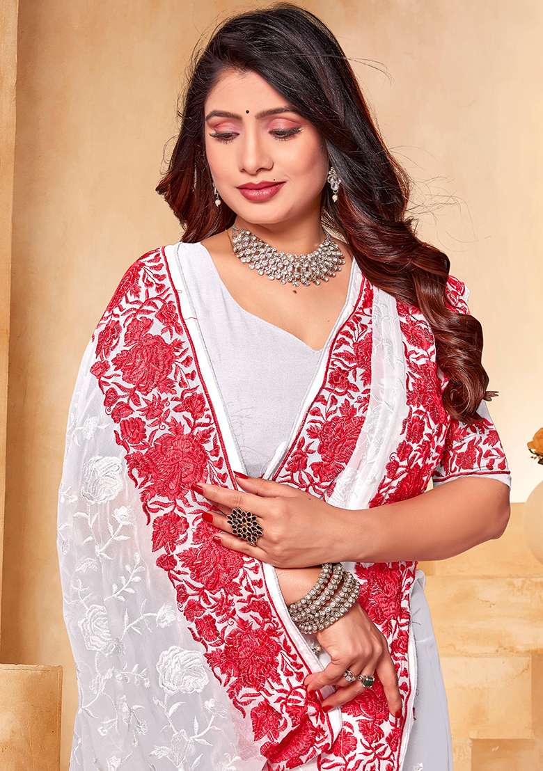White Red Embroidery Work Georgette Saree Set for Diwali and Festive Wear - Indya