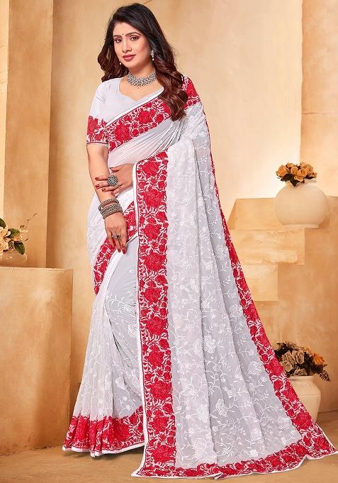 White Red Embroidery Work Georgette Saree Set