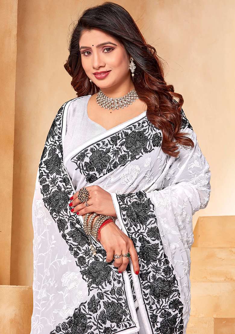 White Black Work Georgette Saree Set with Embroidery for Diwali | Wedding & Festive Wear - Indya
