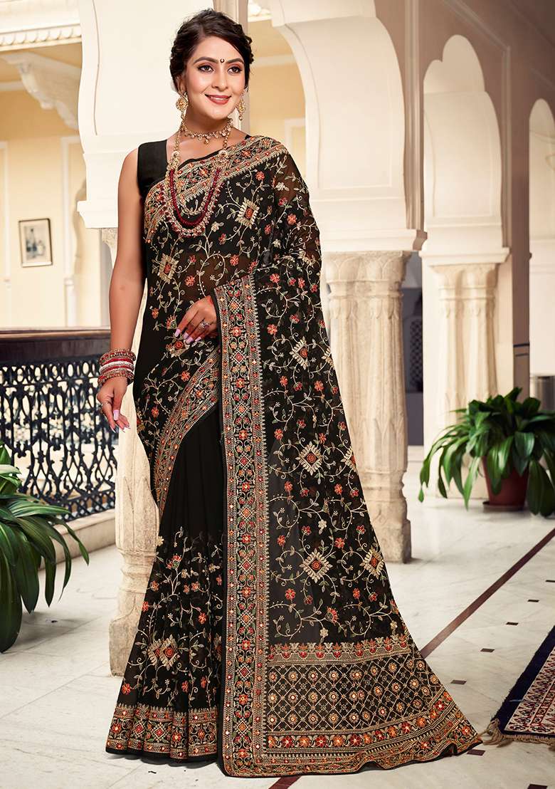 Black Embroidery Work Georgette Saree Set for Diwali and Festive Wear - Indya