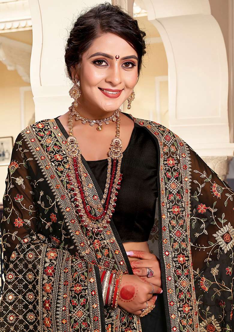 Black Embroidery Work Georgette Saree Set for Diwali and Festive Wear - Indya