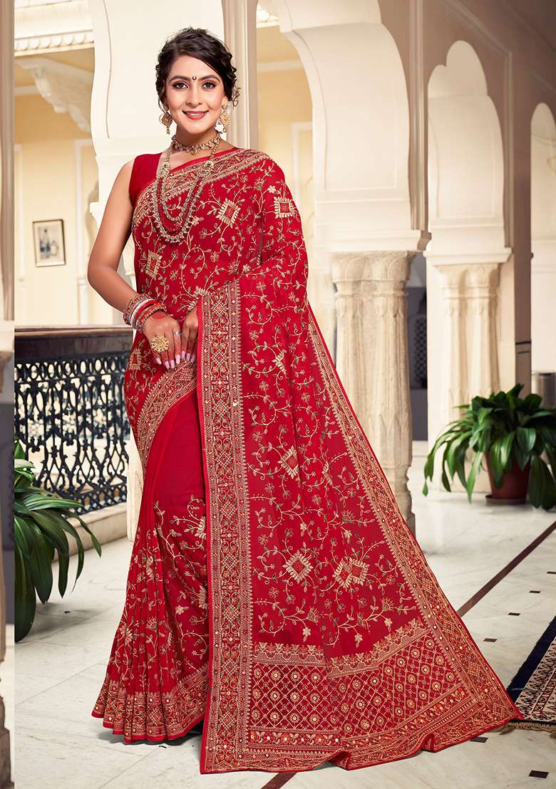 Red Work Georgette Saree Set with Embroidery for Diwali | Wedding & Festive Wear - Indya