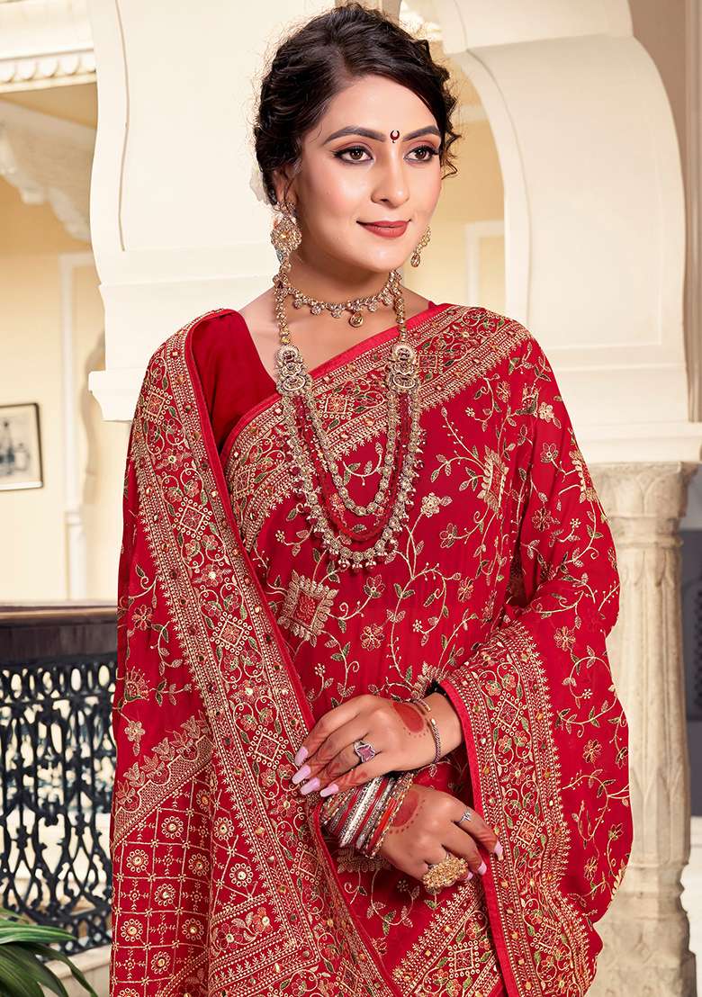 Red Work Georgette Saree Set with Embroidery for Diwali | Wedding & Festive Wear - Indya