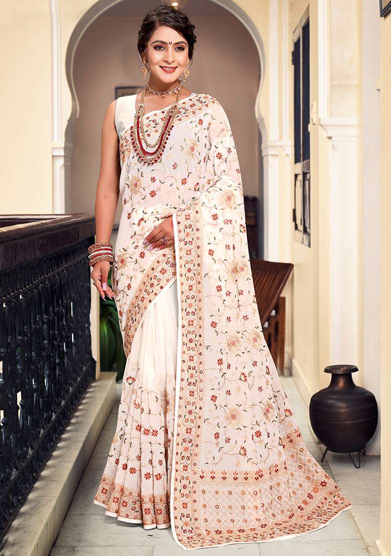 Cream Embroidery Work Georgette Saree Set for Diwali and Festive Wear - Indya