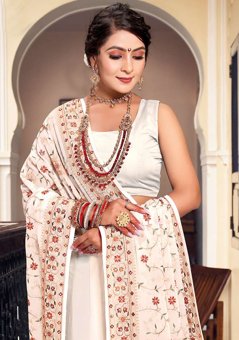 Cream Embroidery Work Georgette Saree Set for Diwali and Festive Wear - Indya