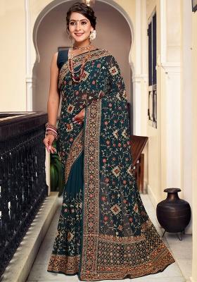 Morpeach Embroidery Work Georgette Saree Set