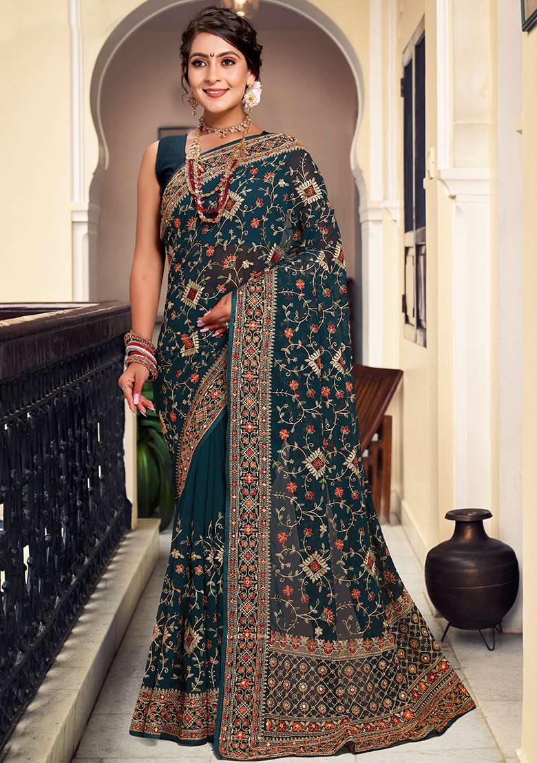 Morpeach Work Georgette Saree Set with Embroidery for Diwali | Wedding & Festive Wear - Indya