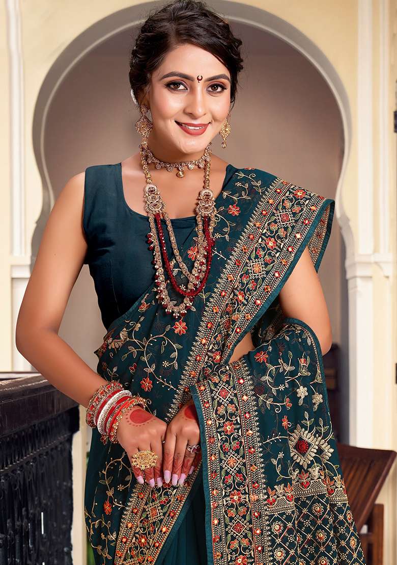 Morpeach Work Georgette Saree Set with Embroidery for Diwali | Wedding & Festive Wear - Indya