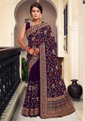 Purple Embroidery Work Georgette Saree Set