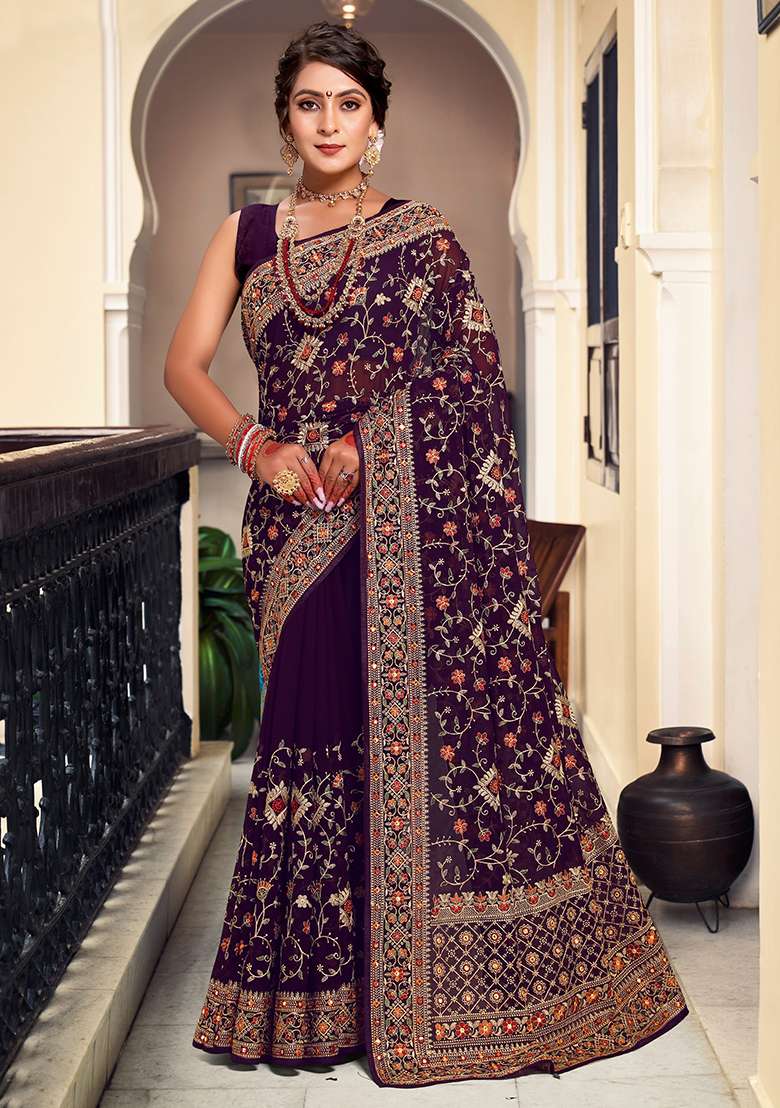 Purple Embroidery Work Georgette Saree Set - Indya