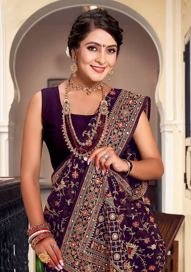 Purple Embroidery Work Georgette Saree Set - Indya