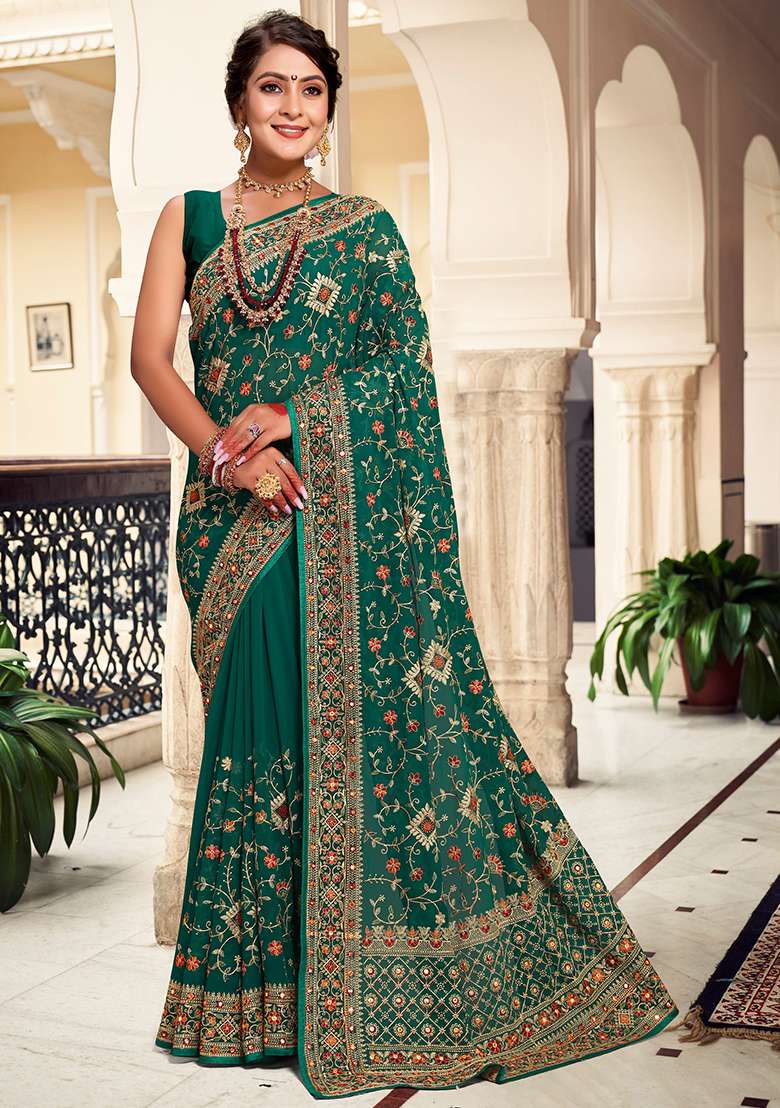 Rama Embroidery Work Georgette Saree Set for Diwali and Festive Wear - Indya