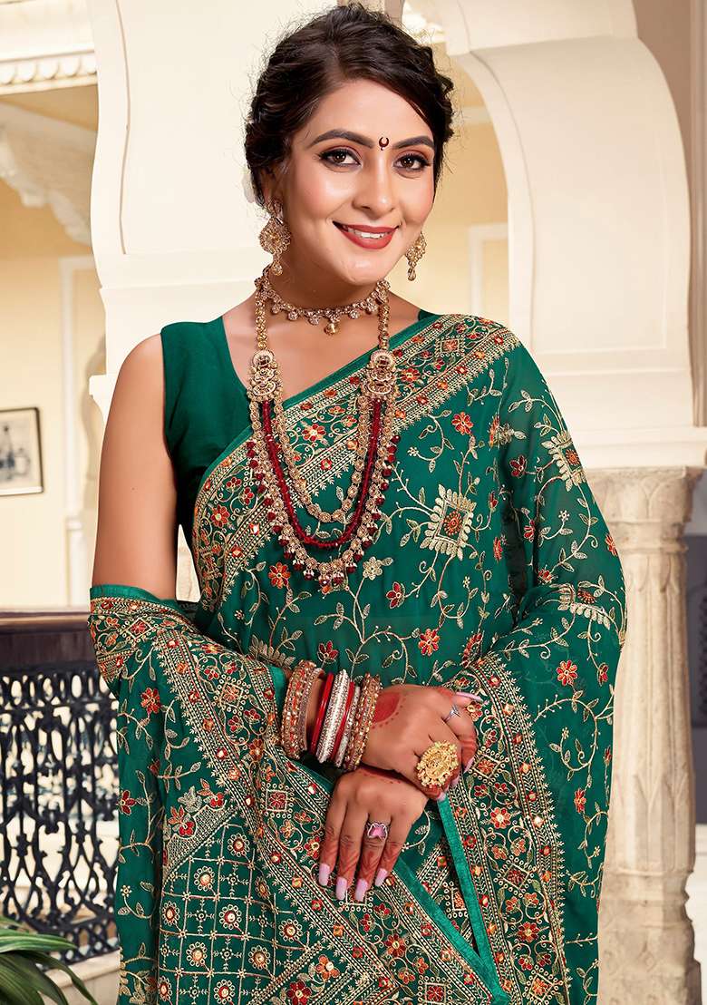 Rama Embroidery Work Georgette Saree Set for Diwali and Festive Wear - Indya