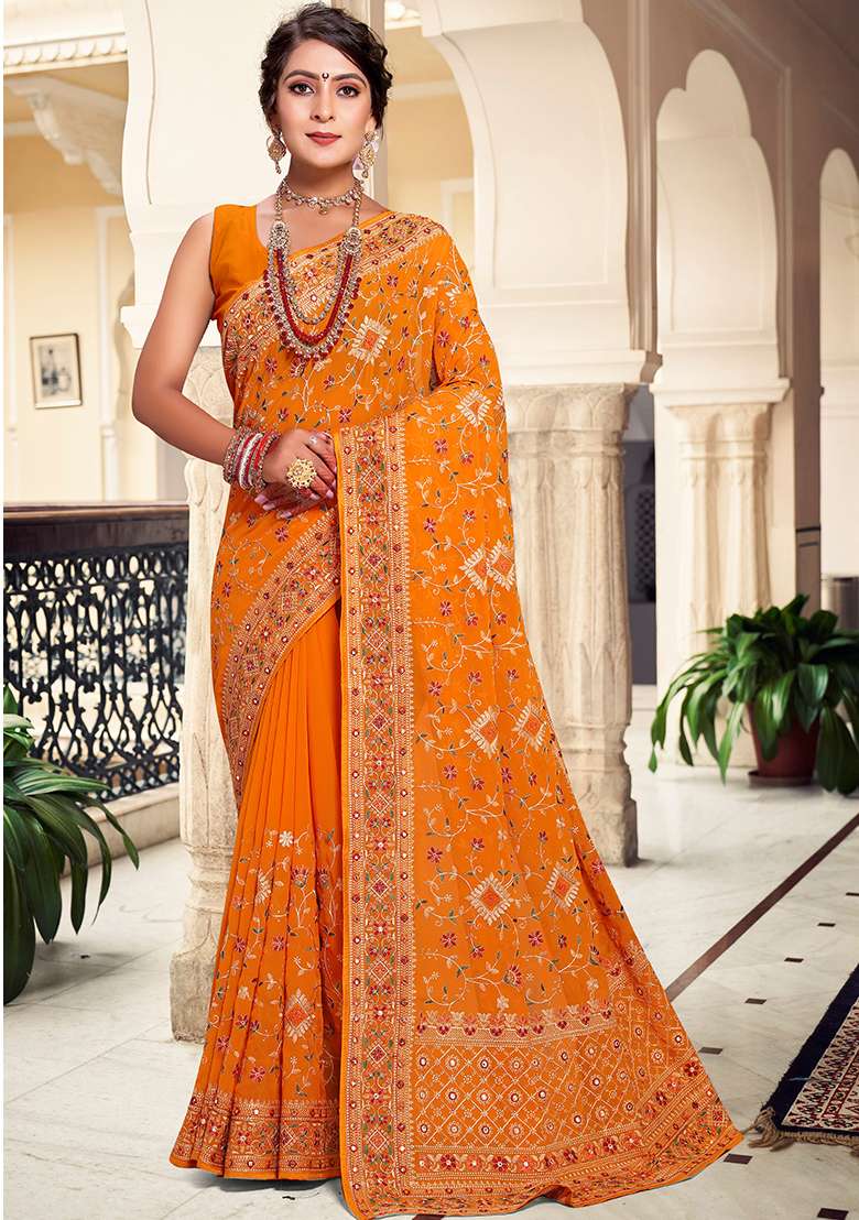 Mustard Embroidery Work Georgette Saree Set - Indya