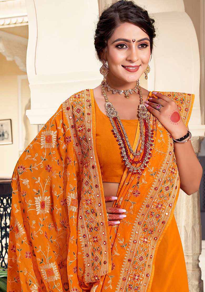 Mustard Embroidery Work Georgette Saree Set - Indya