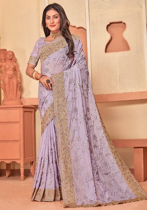 Lavender Embroidery Work Silk Saree Set