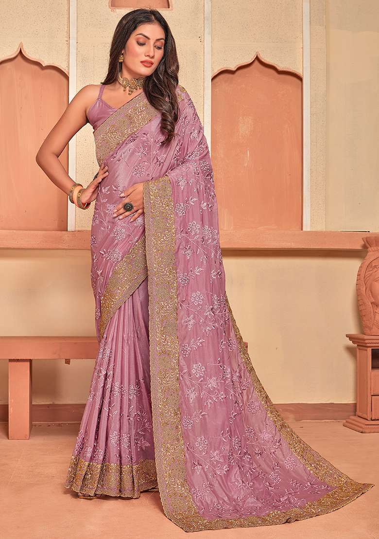 Dusty Pink Embroidery Work Silk Blend Saree Set - Indya