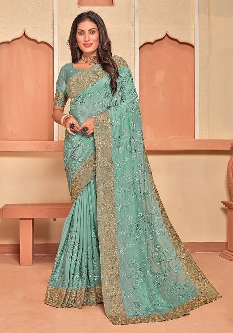 Green Embroidery Work Silk Saree Set