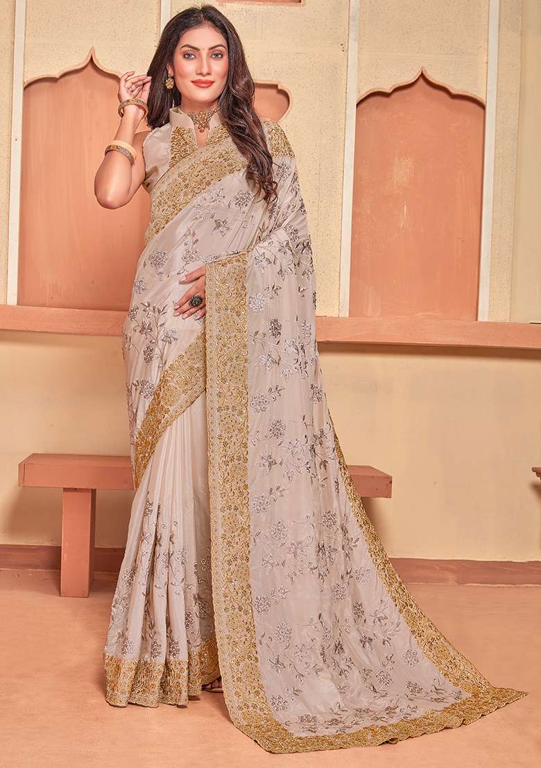 Brown Embroidery Work Silk Blend Saree Set - Indya