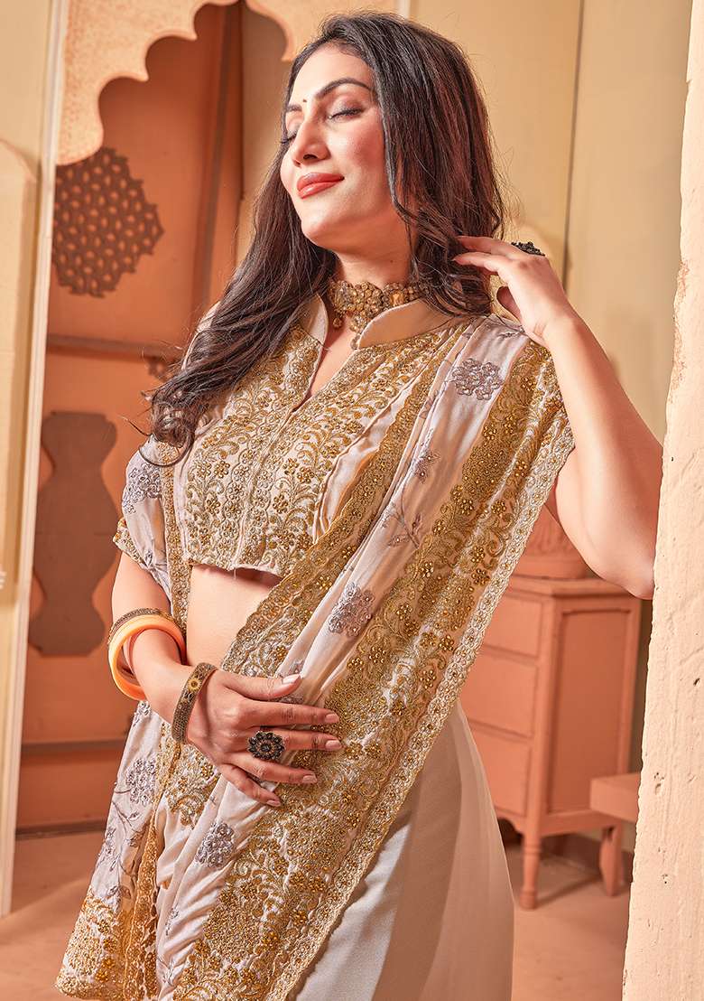 Brown Embroidery Work Silk Blend Saree Set - Indya