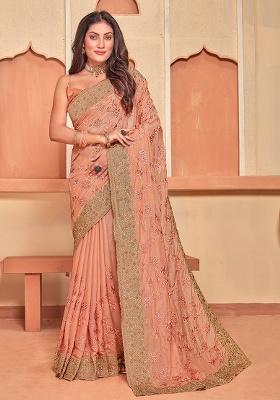 Dusty Peach Embroidery Work Silk Saree Set