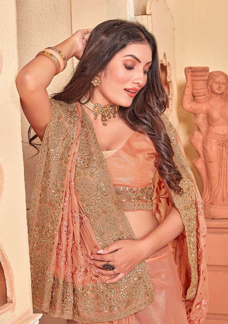 Dusty Peach Embroidery Work Silk Blend Saree Set - Indya