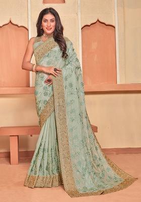 Dusty Pista Embroidery Work Silk Saree Set