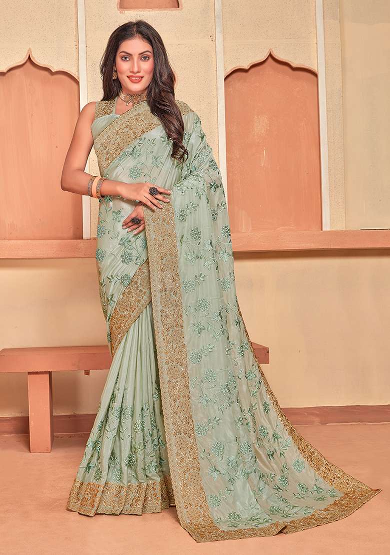 Dusty Pista Embroidery Work Silk Blend Saree Set - Indya