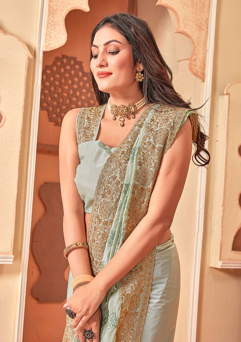 Dusty Pista Embroidery Work Silk Blend Saree Set - Indya