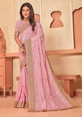 Baby Pink Embroidery Work Silk Saree Set