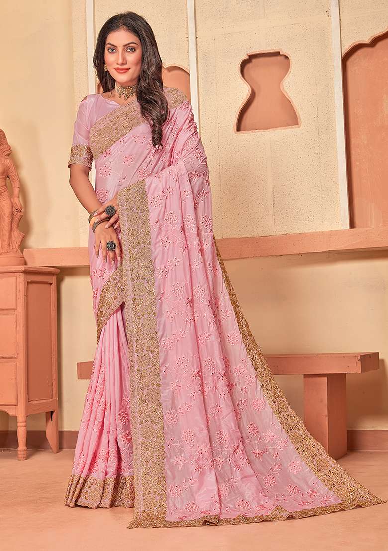 Baby Pink Embroidery Work Silk Blend Saree Set - Indya