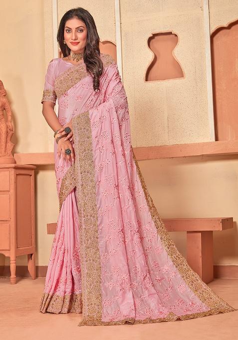 Baby Pink Embroidery Work Silk Saree Set