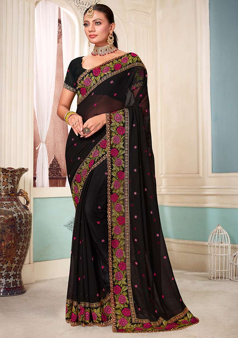 Black Embroidery Work Georgette Saree Set - Indya