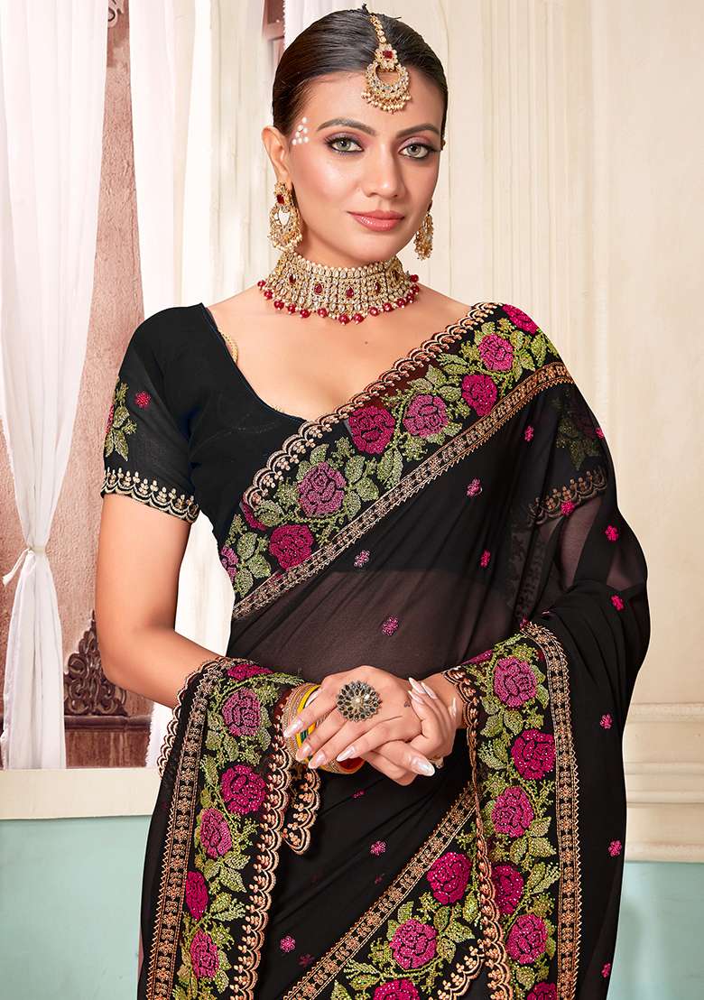 Black Embroidery Work Georgette Saree Set - Indya