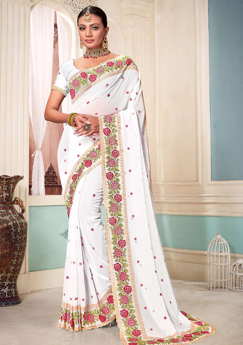 White Embroidery Work Georgette Saree Set - Indya
