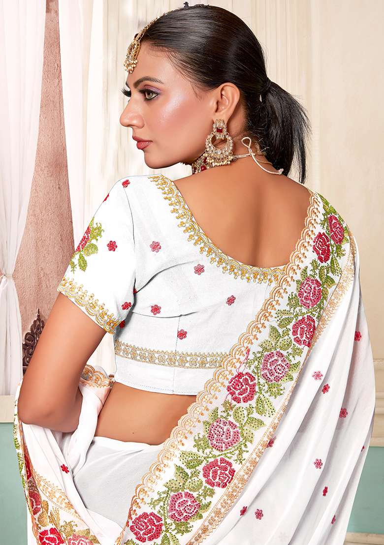 White Embroidery Work Georgette Saree Set - Indya