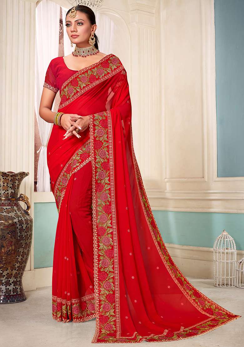 Red Embroidery Work Georgette Saree Set - Indya