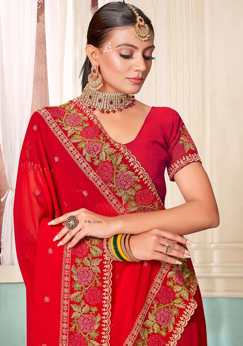 Red Embroidery Work Georgette Saree Set - Indya