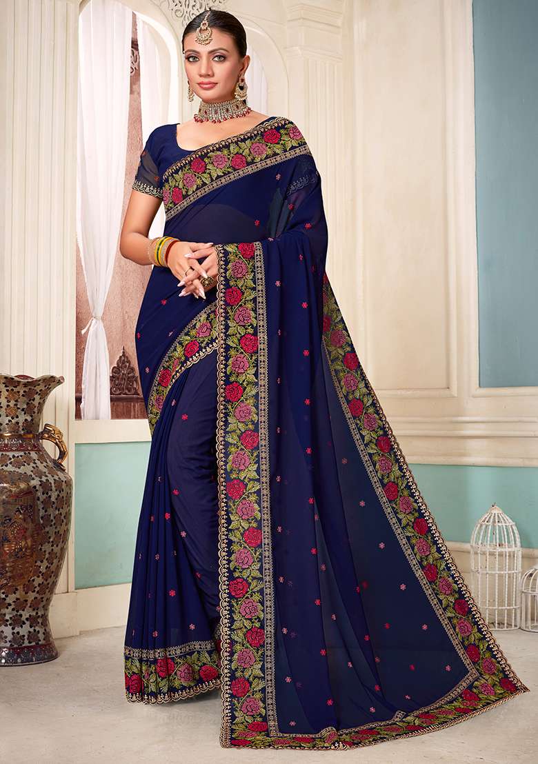 Navy Embroidery Work Georgette Saree Set - Indya