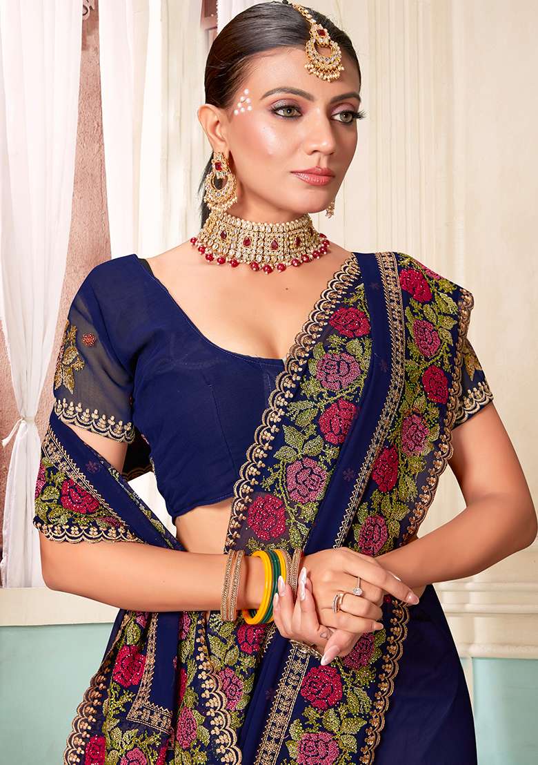 Navy Embroidery Work Georgette Saree Set - Indya
