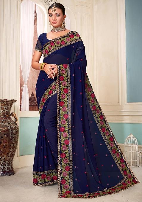 Navy Embroidery Work Georgette Saree Set