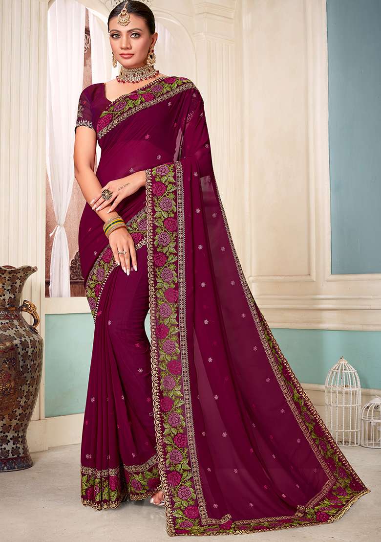 Wine Embroidery Work Georgette Saree Set - Indya