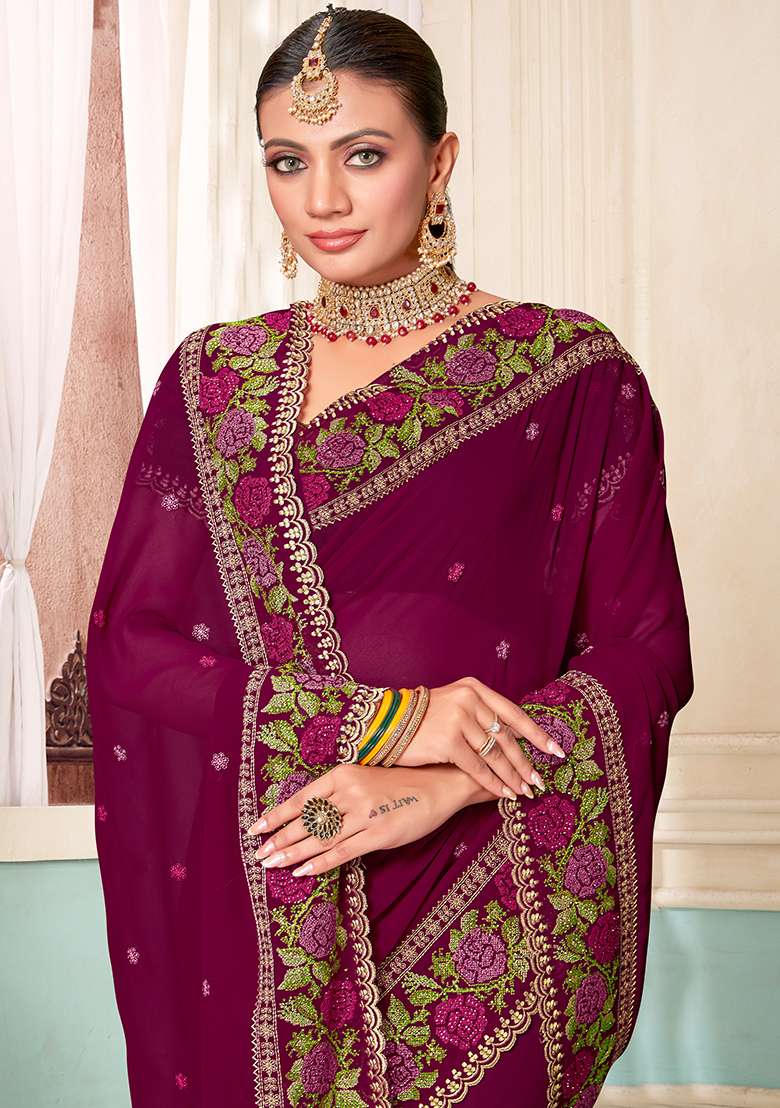 Wine Embroidery Work Georgette Saree Set - Indya