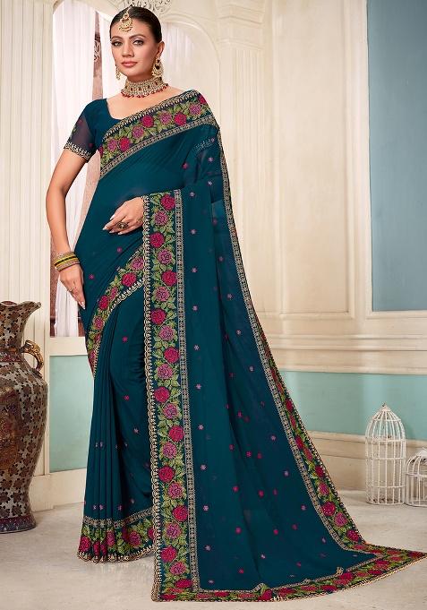 Morpeach Embroidery Work Georgette Saree Set