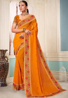 Mustard Embroidery Work Georgette Saree Set