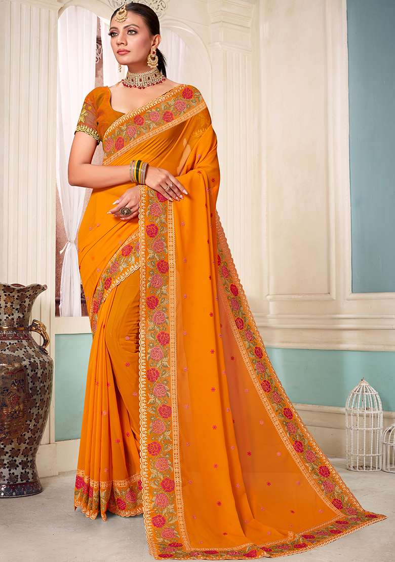 Mustard Embroidery Work Georgette Saree Set - Indya