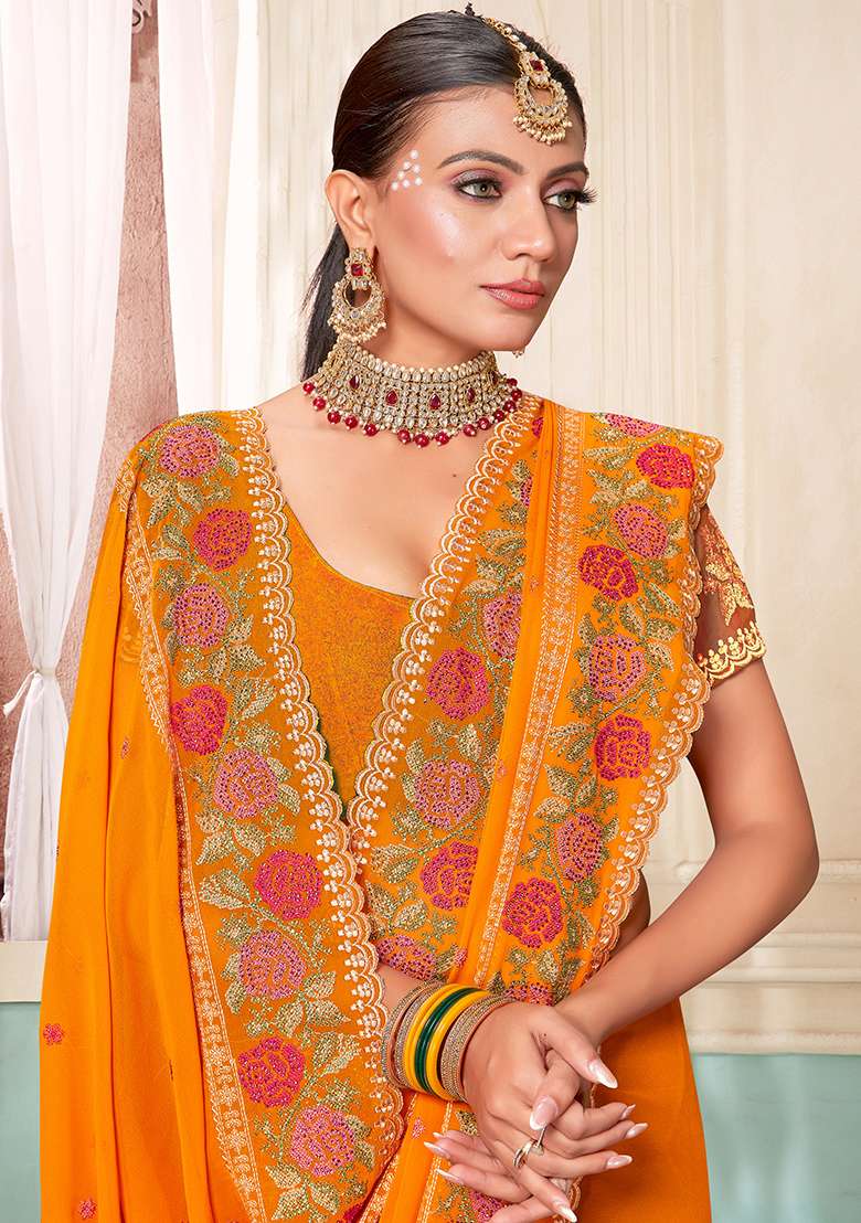 Mustard Embroidery Work Georgette Saree Set - Indya