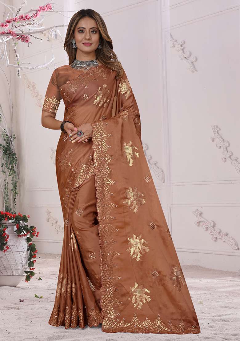 Rust Embroidery Work Silk Blend Saree Set - Indya